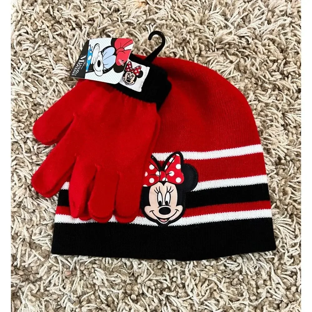 NWT❤️Disney Minnie Mouse Girls 2 Piece Beanie Hat and Glove Set Red White Black